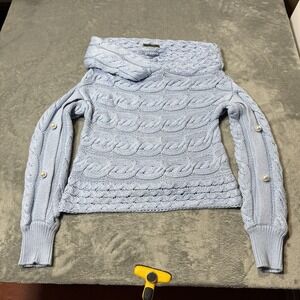 HELLESSY Blue Chunky Cable Knit‎ Off-Shoulder Sweater Pearl Sleeve Detail Size S